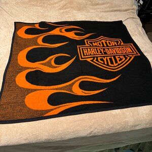 Vintage Harley Davidson Biederjack Throw Blanket Black Orange 46” x 53”  Reversa